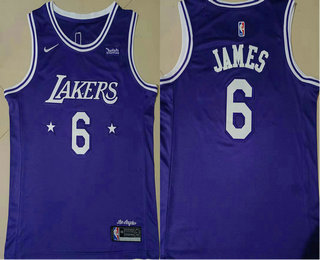 Men's Los Angeles Lakers #6 LeBron James Purple 2021 Nike City Edition Swingman Stitched Jersey With Sponsor Logo