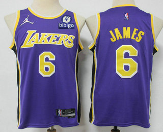 Men's Los Angeles Lakers #6 LeBron James Purple Jordan 75th Anniversary Diamond 2021 Stitched Jersey With Sponsor