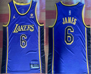 Men's Los Angeles Lakers #6 LeBron James Purple Statement 6 Patch Icon Sponsor Swingman Jersey