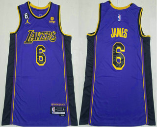 Men's Los Angeles Lakers #6 LeBron James Purple Statement 6 Patch Icon Sponsor Swingman Jersey