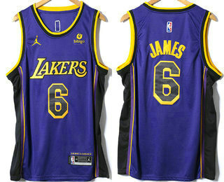 Men's Los Angeles Lakers #6 LeBron James Purple Statement 6 Patch Icon Sponsor Swingman Jersey