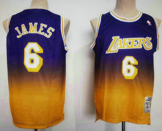 Men's Los Angeles Lakers #6 LeBron James Purple Yellow Hardwood Classics Soul Swingman Throwback Jersey