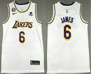 Men's Los Angeles Lakers #6 LeBron James White 6 Patch Stitched Jersey With Sponsor