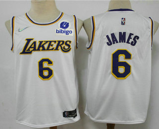 Men's Los Angeles Lakers #6 LeBron James White 75th Anniversary Diamond 2021 Stitched Jersey With Sponsor