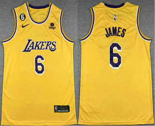 Men's Los Angeles Lakers #6 LeBron James Yellow 6 Patch Icon Sponsor Swingman Jersey