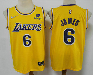 Men's Los Angeles Lakers #6 LeBron James Yellow 75th Anniversary Diamond 2021 Stitched Jersey With Sponsor