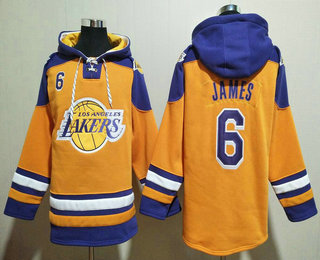 Men's Los Angeles Lakers #6 LeBron James Yellow Ageless Must Have Lace Up Pullover Hoodie