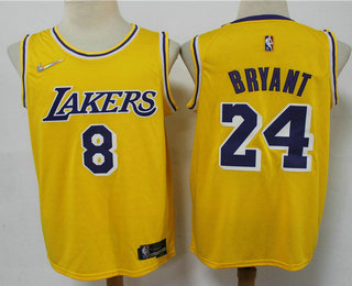 Men's Los Angeles Lakers #8 #24 Kobe Bryant 75th Anniversary Diamond Yellow 2021 Stitched Basketball Jersey