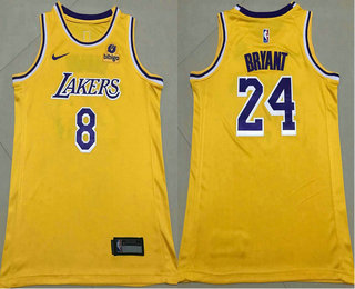 Men's Los Angeles Lakers #8 #24 Kobe Bryant 75th Anniversary Diamond Yellow 2021 Stitched Jersey With NEW Sponsor Logo