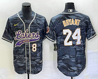 Men's Los Angeles Lakers #8 #24 Kobe Bryant Black Camo With Patch Cool Base Stitched Baseball Jersey 01