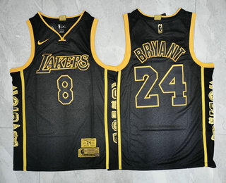 Men's Los Angeles Lakers #8 #24 Kobe Bryant Black Golden Retired Commemorative Soul Swingman Jersey