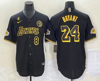 Men's Los Angeles Lakers #8 #24 Kobe Bryant Black With Patch Cool Base Stitched Baseball Jersey 01