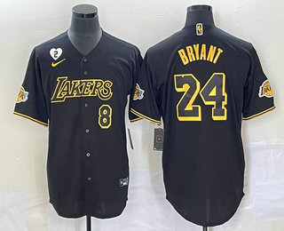 Men's Los Angeles Lakers #8 #24 Kobe Bryant Black With Patch Cool Base Stitched Baseball Jersey 02