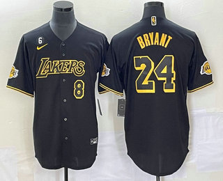 Men's Los Angeles Lakers #8 #24 Kobe Bryant Black With Patch Cool Base Stitched Baseball Jersey 04