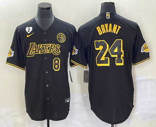 Men's Los Angeles Lakers #8 #24 Kobe Bryant Black With Patch Cool Base Stitched Baseball Jersey 05