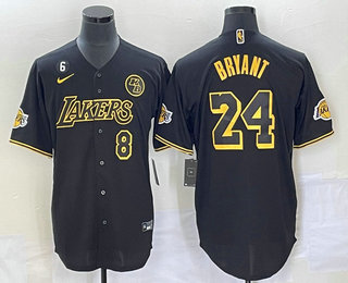 Men's Los Angeles Lakers #8 #24 Kobe Bryant Black With Patch Cool Base Stitched Baseball Jersey 06