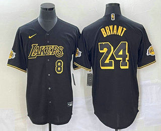 Men's Los Angeles Lakers #8 #24 Kobe Bryant Black With Patch Cool Base Stitched Baseball Jersey 07