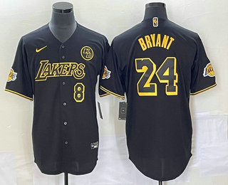 Men's Los Angeles Lakers #8 #24 Kobe Bryant Black With Patch Cool Base Stitched Baseball Jersey 08