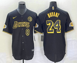 Men's Los Angeles Lakers #8 #24 Kobe Bryant Black With Patch Cool Base Stitched Baseball Jersey 09