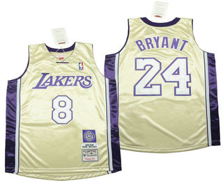 Men's Los Angeles Lakers #8 #24 Kobe Bryant Gold 1996-2016 The Hall of Fame Throwback Jersey