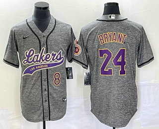 Men's Los Angeles Lakers #8 #24 Kobe Bryant Grey Gridiron Cool Base Stitched Baseball Jersey 01