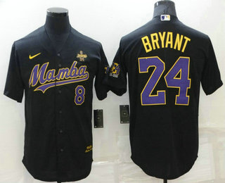 Men's Los Angeles Lakers #8 #24 Kobe Bryant Mamba Black Stitched Cool Base Nike Baseball Jersey