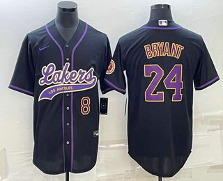 Men's Los Angeles Lakers #8 #24 Kobe Bryant Number Black With Patch Cool Base Stitched Baseball Jersey 02