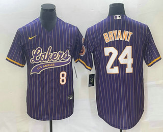 Men's Los Angeles Lakers #8 #24 Kobe Bryant Purple Pinstripe With Patch Cool Base Stitched Baseball Jersey 01