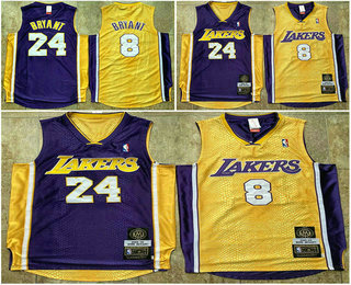 Men's Los Angeles Lakers #8 #24 Kobe Bryant Purple Yellow Hardwood Classics Soul AU Throwback Jersey