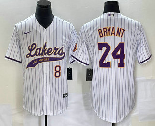 Men's Los Angeles Lakers #8 #24 Kobe Bryant White Pinstripe With Patch Cool Base Stitched Baseball Jersey 01