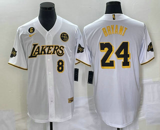 Men's Los Angeles Lakers #8 #24 Kobe Bryant White With Patch Cool Base Stitched Baseball Jersey 01