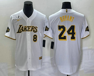 Men's Los Angeles Lakers #8 #24 Kobe Bryant White With Patch Cool Base Stitched Baseball Jersey 02