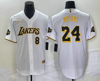 Men's Los Angeles Lakers #8 #24 Kobe Bryant White With Patch Cool Base Stitched Baseball Jersey 03