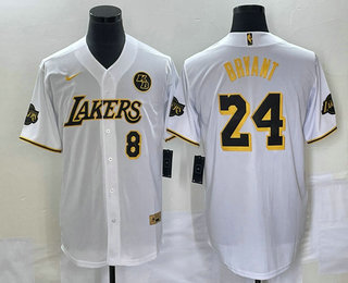 Men's Los Angeles Lakers #8 #24 Kobe Bryant White With Patch Cool Base Stitched Baseball Jersey 04