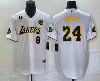 Men's Los Angeles Lakers #8 #24 Kobe Bryant White With Patch Cool Base Stitched Baseball Jersey 05