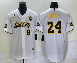 Men's Los Angeles Lakers #8 #24 Kobe Bryant White With Patch Cool Base Stitched Baseball Jersey 06