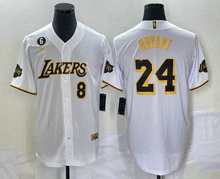 Men's Los Angeles Lakers #8 #24 Kobe Bryant White With Patch Cool Base Stitched Baseball Jersey 07