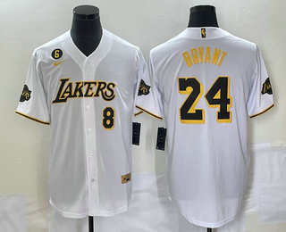 Men's Los Angeles Lakers #8 #24 Kobe Bryant White With Patch Cool Base Stitched Baseball Jersey 08