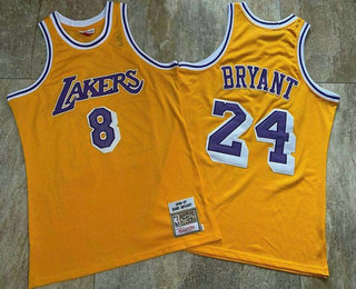 Men's Los Angeles Lakers #8 #24 Kobe Bryant Yellow 1996-97 Hardwood Classics Soul AU Throwback Jersey