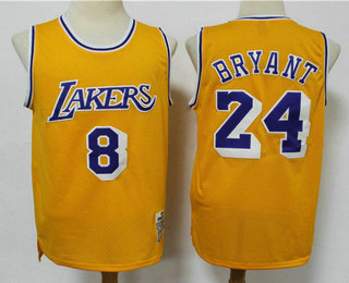 Men's Los Angeles Lakers #8 #24 Kobe Bryant Yellow 2020 Hardwood Classics Soul Swingman Throwback Jersey