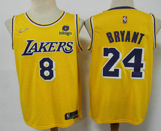 Men's Los Angeles Lakers #8 #24 Kobe Bryant Yellow 75th Anniversary Diamond 2021 Stitched Jersey With Sponsor