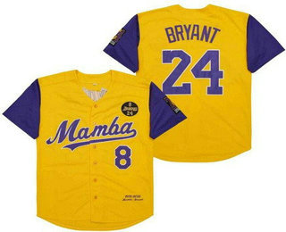 Men's Los Angeles Lakers #8 #24 Kobe Bryant Yellow Purple Mamba 1978 2020 Baseball Jersey