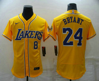 Men's Los Angeles Lakers #8 #24 Kobe Bryant Number Yellow Stitched Flex Base Nike Baseball Jersey