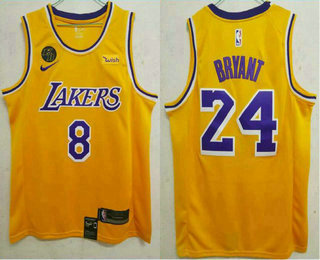 Men's Los Angeles Lakers #8 #24 Kobe Bryant Yellow With KB Patch 2020 Nike Wish Swingman Stitched NBA Jersey