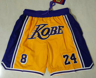 Men's Los Angeles Lakers #8 #24 Kobe Bryant Yellow With Purple Number Just Don Swingman Throwback Shorts