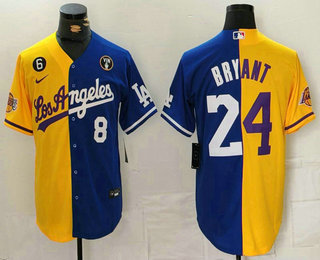 Men's Los Angeles Lakers #8 24 Kobe Bryant Yellow Blue Split Cool Base Stitched Baseball Jersey