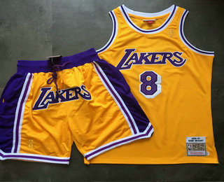 Men's Los Angeles Lakers #8 Kobe Bryant 1996-97 Yellow Hardwood Classics Soul Swingman Throwback Jersey With Shorts