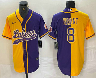 Men's Los Angeles Lakers #8 Kobe Bryant Gold Purple Split Stitched Baseball Jersey