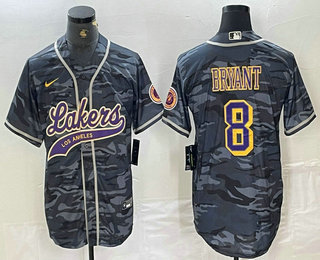 Men's Los Angeles Lakers #8 Kobe Bryant Grey Camo Cool Base Stitched Baseball Jersey