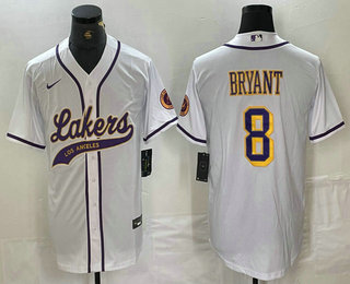 Men's Los Angeles Lakers #8 Kobe Bryant White Cool Base Stitched Baseball Jersey